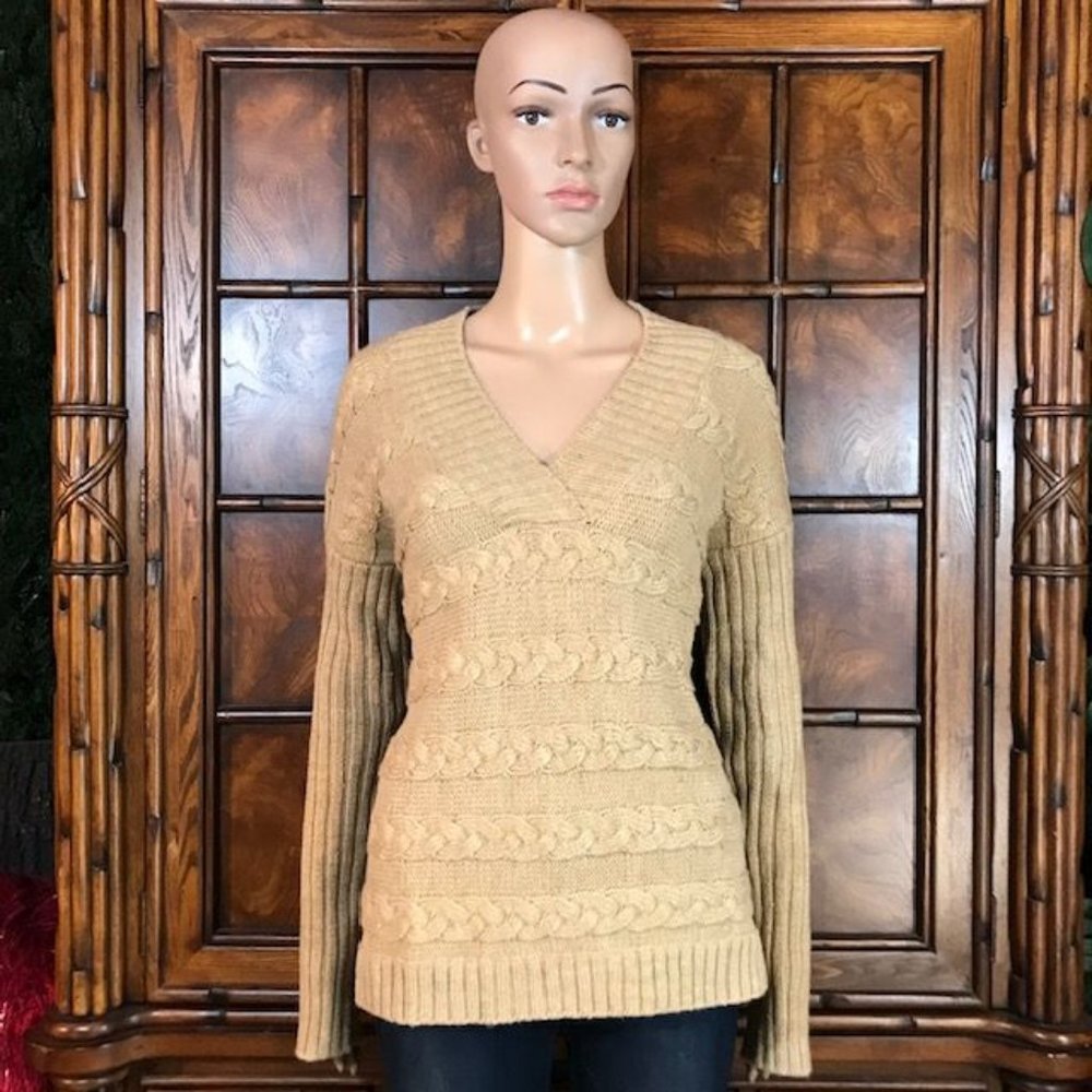 Jones New York Cashew V-Neck Wool Blend Cable & Luxe Rib Sweater